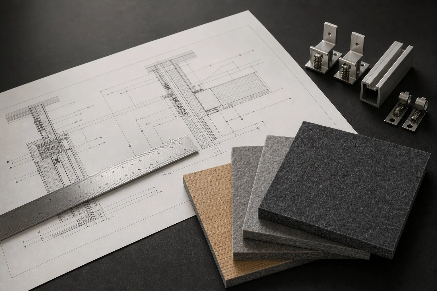 Acoustic panel shop drawing with aluminium hangers and felt samples