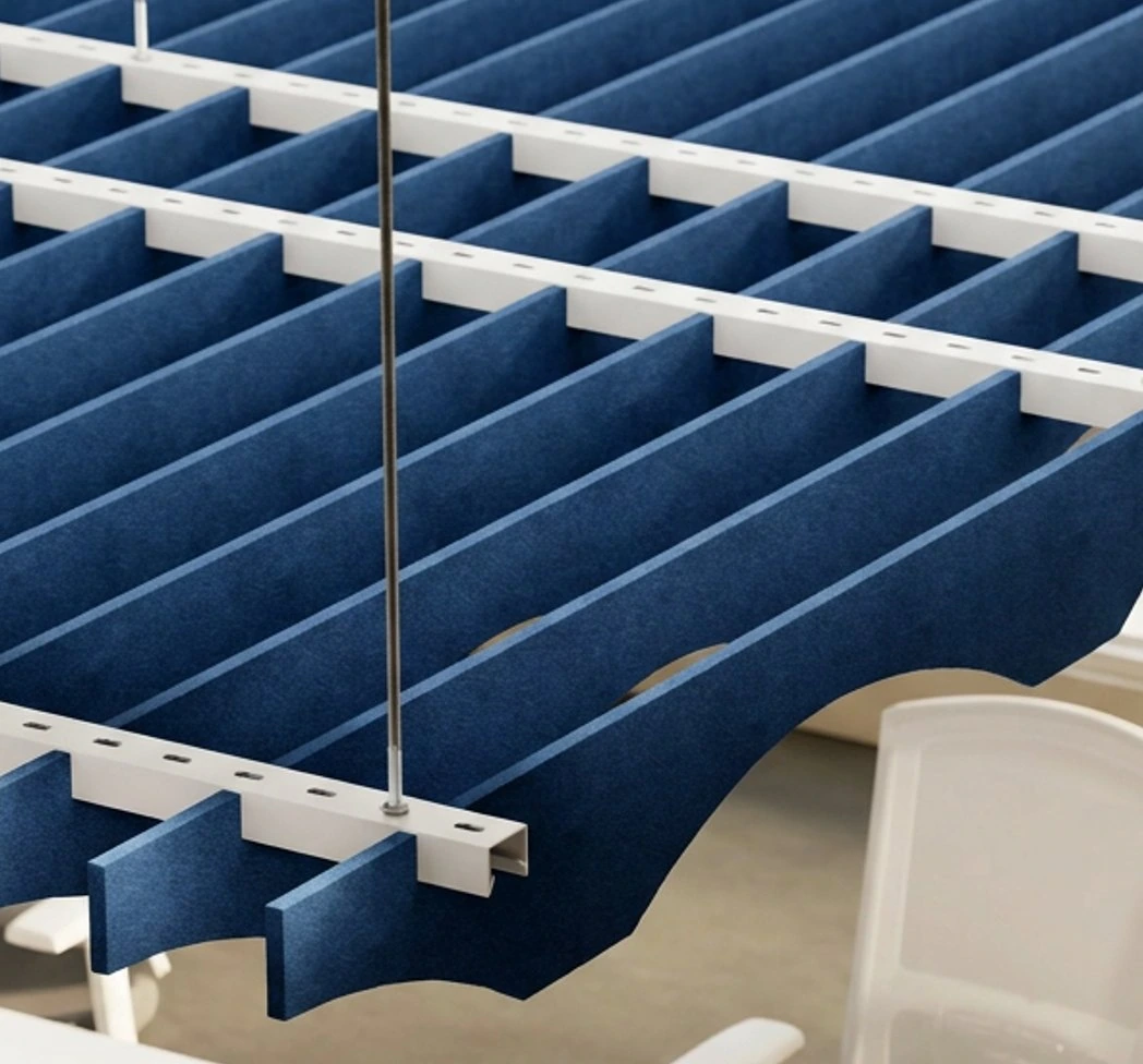 Suspended acoustic cloud panels with factory fitted hanging hardware
