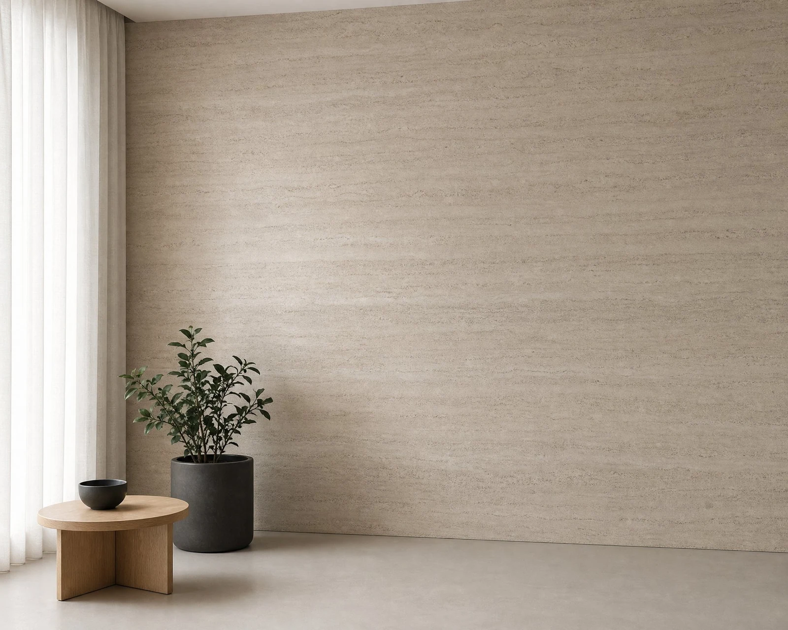Light stone and wood grain printed acoustic wall panels in an interior