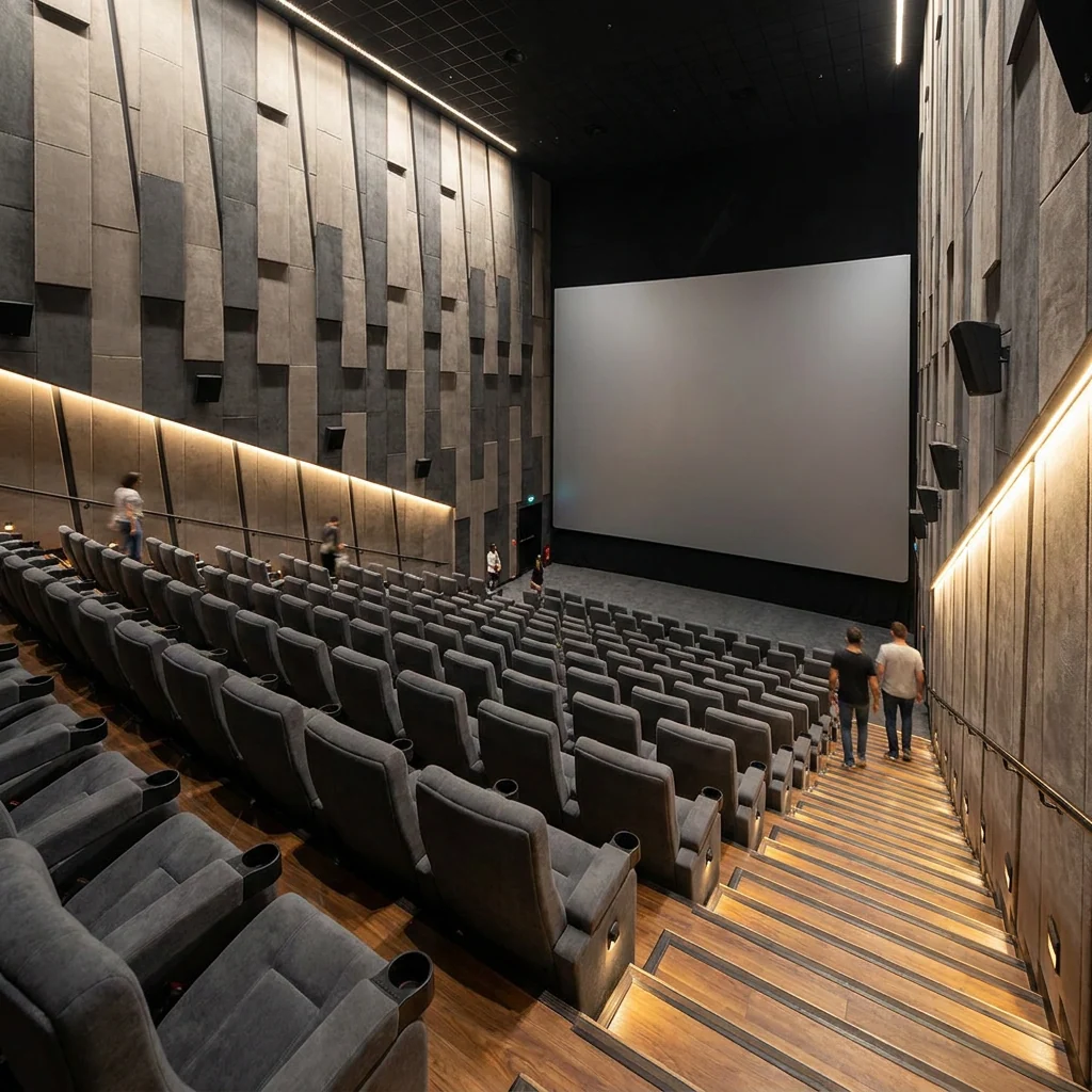 Auditorium with 3D acoustic panels and ceiling clouds