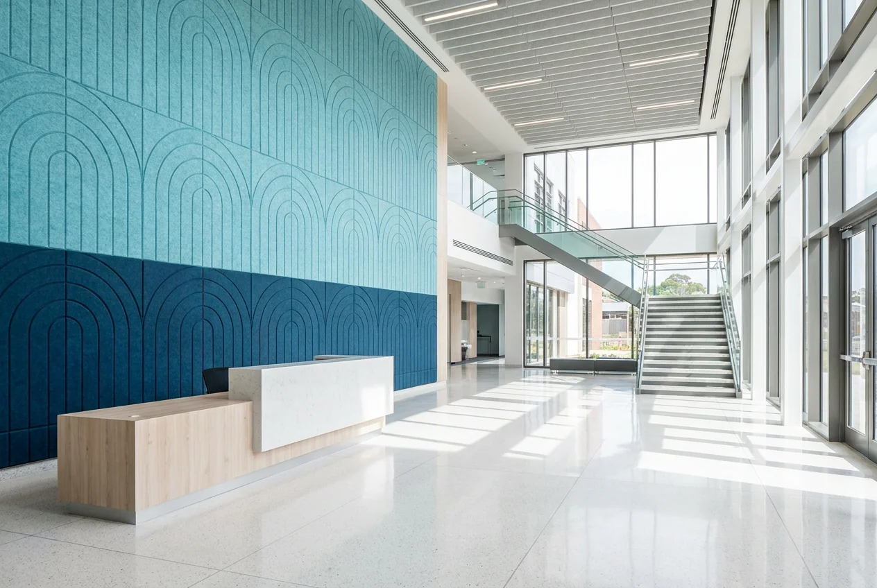Library and learning space with acoustic wall cladding