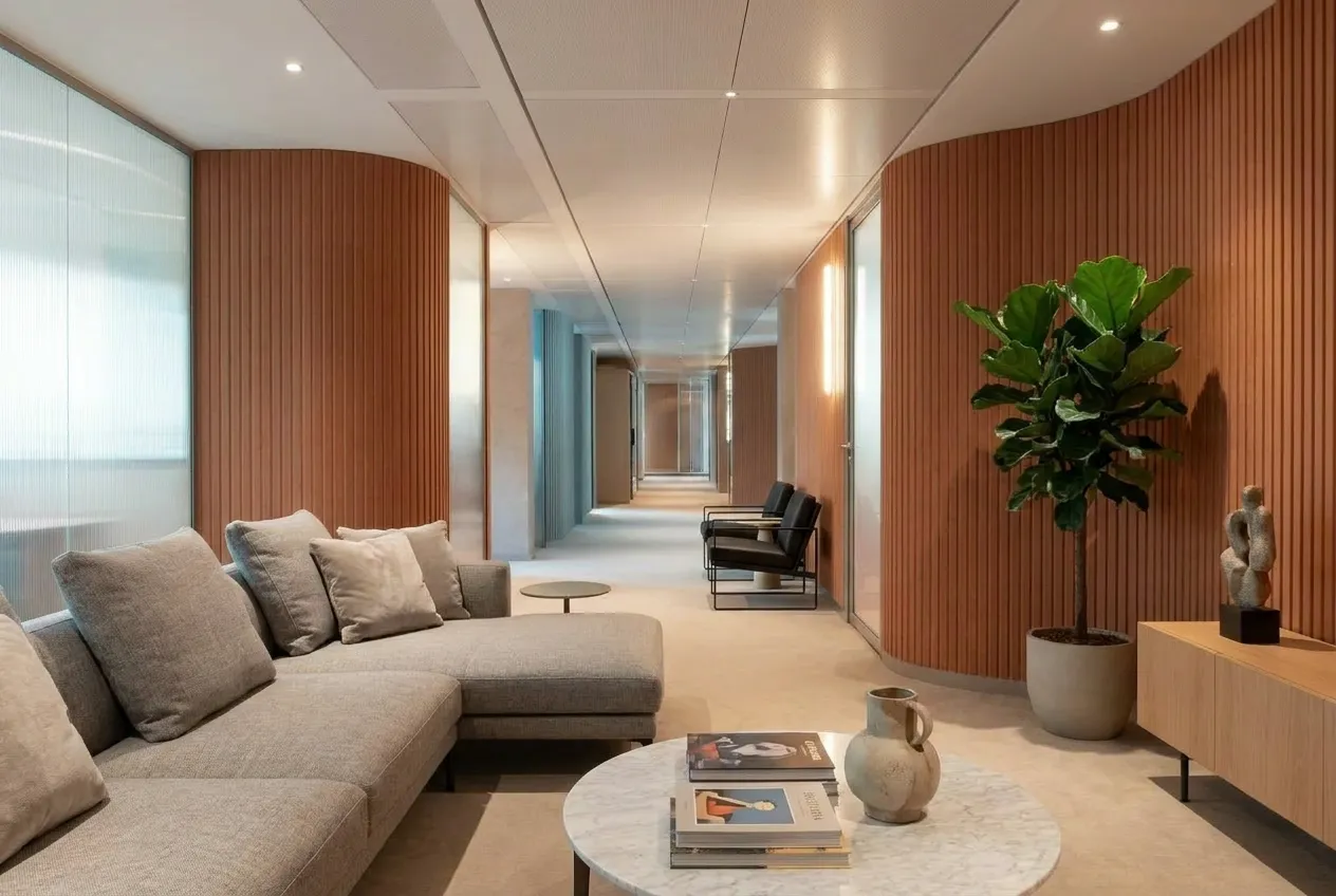 Corporate open-plan office with acoustic wall panels
